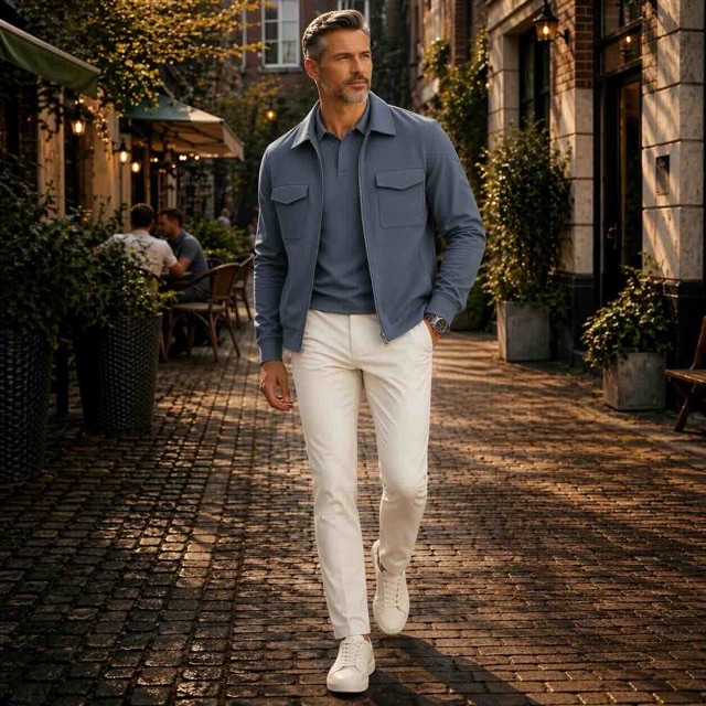 Man met een travel overshirt aan in kleur stone