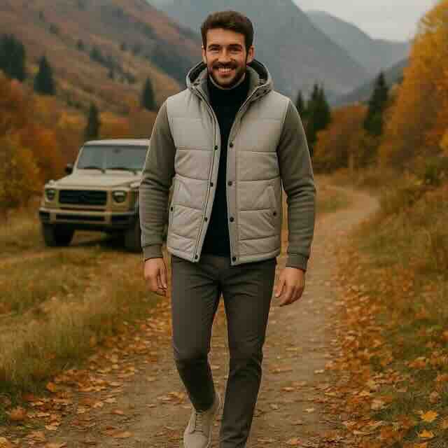 Man met een stone kleurige bonded travelpants van North84 aan loopt over station